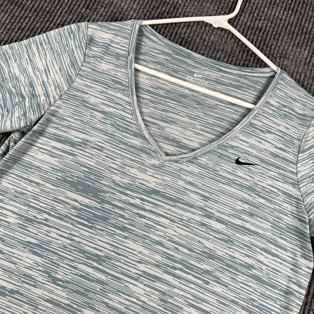 Nike Shirt Womens Medium Blue Short Sleeve V Neck Dri Fit Workout Casual Gym